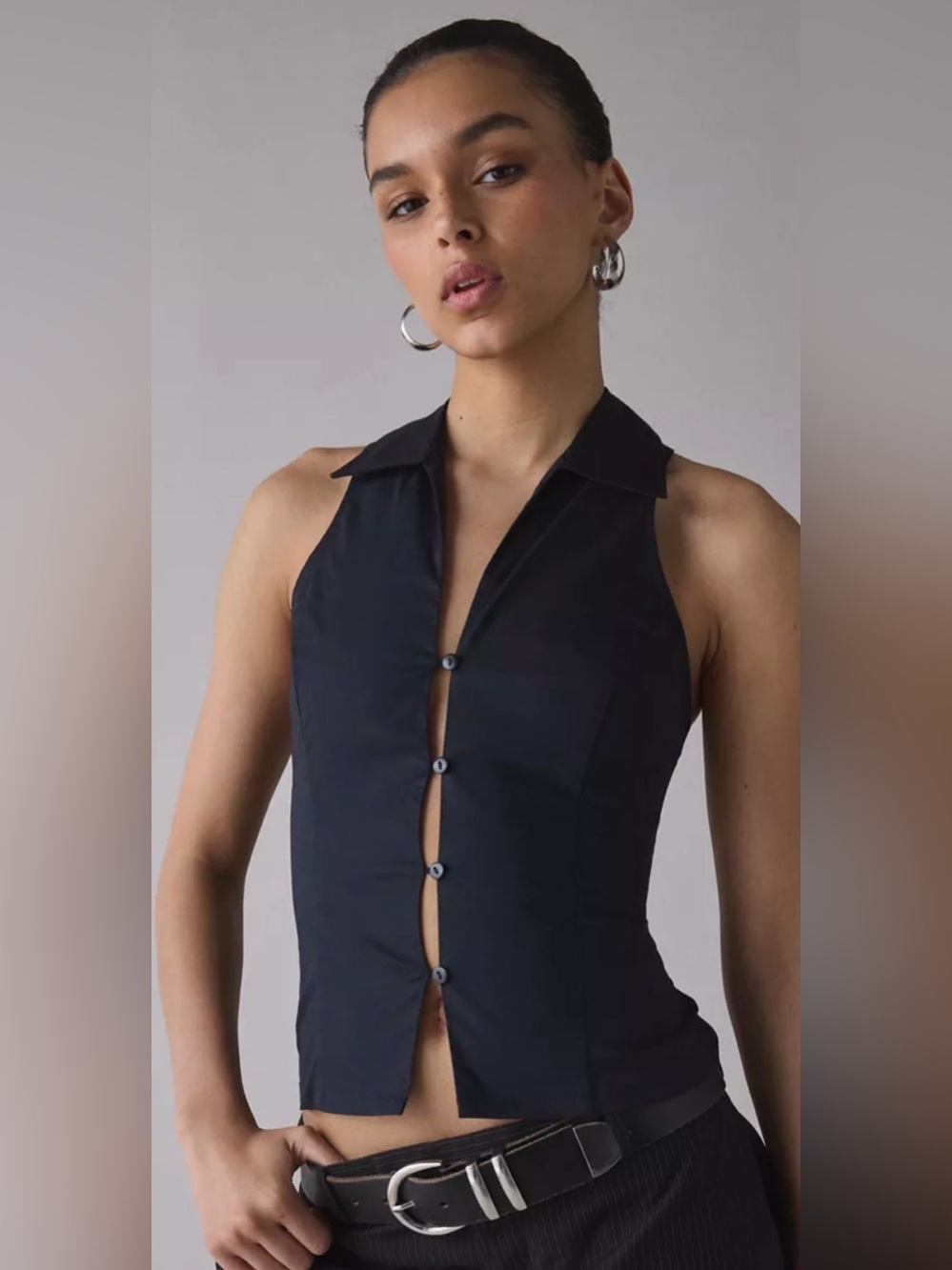 Urban Outfitters Party Girl Sleeveless Black Button-Front Collared Top